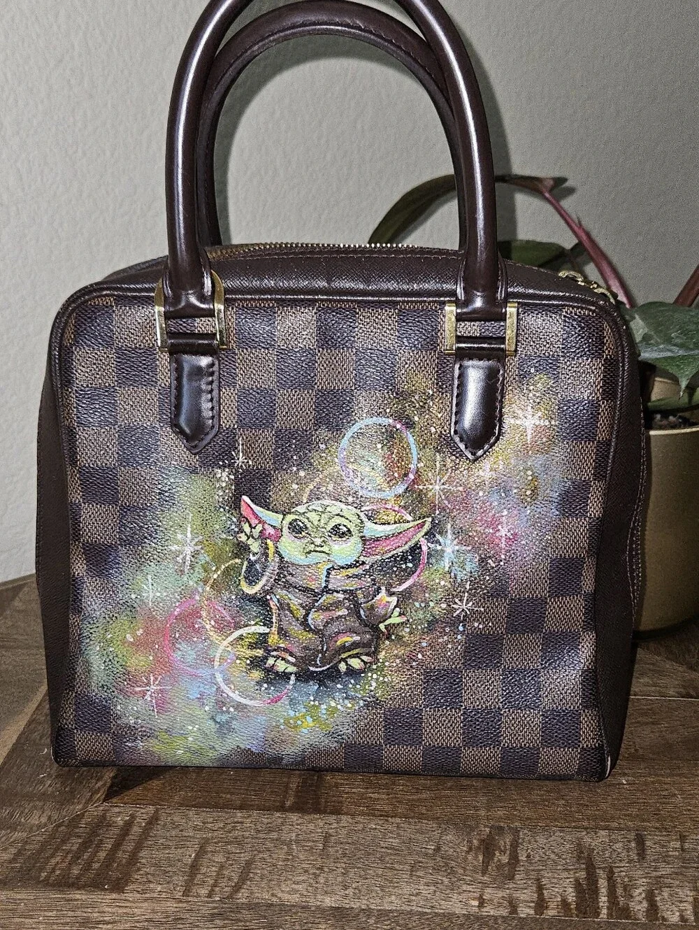 LOUIS VUITTON Damier Ebene Brera Customized Painted Baby Yoda Image